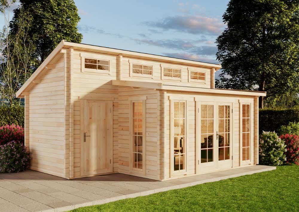 Chalet 5 pans avec appentis attenant, 14,89 m² + annexe 3,15 m² (570 × 420 cm)