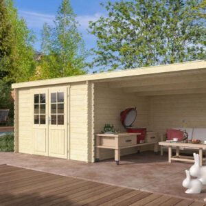 Abri de jardin bois 34 mm avec préau - 8,13 m² intérieur + 8,13 m² préau